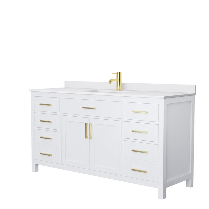Wyndham Collection WCG242466SWGWCUNSMXX Beckett 66 Inch Single Bathroom Vanity in White, White Cultured Marble Countertop, Undermount Square Sink, Brushed Gold Trim