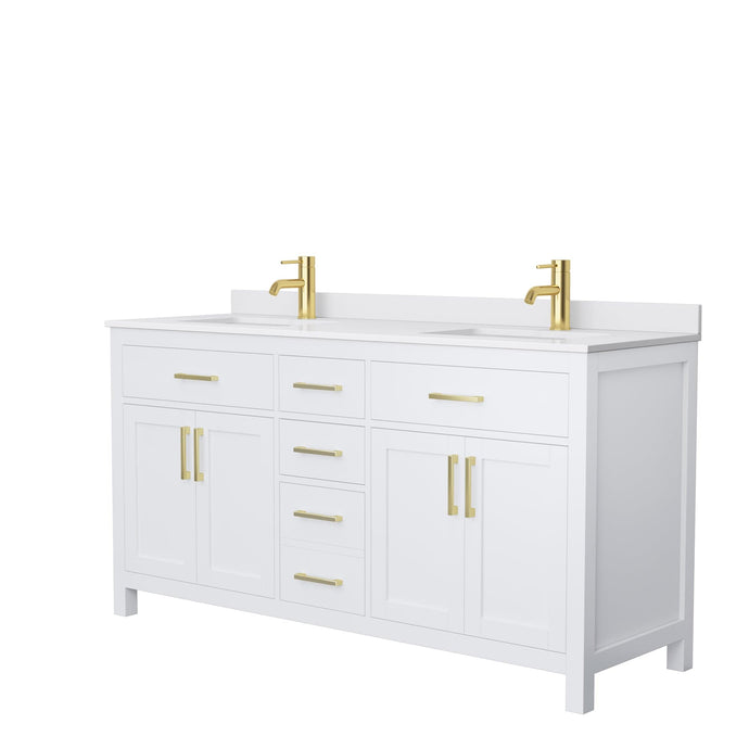 Wyndham Collection WCG242466DWGWCUNSMXX Beckett 66 Inch Double Bathroom Vanity in White, White Cultured Marble Countertop, Undermount Square Sinks, Brushed Gold Trim