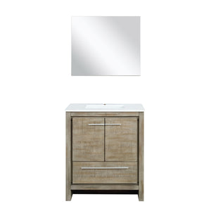 Lexora LLF30SKSOSM28 Lafarre 30" Rustic Acacia Bathroom Vanity, White Quartz Top, White Square Sink, and 28" Frameless Mirror