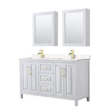 Load image into Gallery viewer, Wyndham Collection WCV252560DWGC2UNSMED Daria 60 Inch Double Bathroom Vanity in White, Light-Vein Carrara Cultured Marble Countertop, Undermount Square Sinks, Medicine Cabinets, Brushed Gold Trim