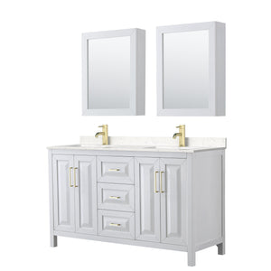 Wyndham Collection WCV252560DWGC2UNSMED Daria 60 Inch Double Bathroom Vanity in White, Light-Vein Carrara Cultured Marble Countertop, Undermount Square Sinks, Medicine Cabinets, Brushed Gold Trim