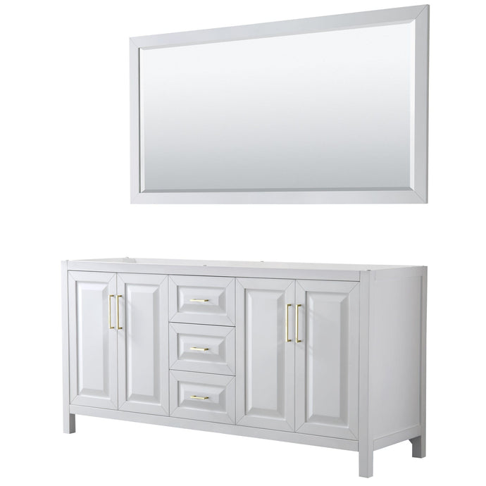 Wyndham Collection WCV252572DWGCXSXXM70 Daria 72 Inch Double Bathroom Vanity in White, No Countertop, No Sink, 70 Inch Mirror, Brushed Gold Trim