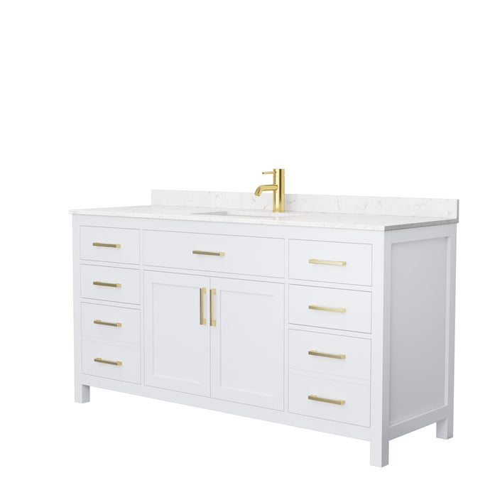 Wyndham Collection WCG242466SWGCCUNSMXX Beckett 66 Inch Single Bathroom Vanity in White, Carrara Cultured Marble Countertop, Undermount Square Sink, Brushed Gold Trim