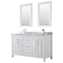 Load image into Gallery viewer, Wyndham Collection WCV252560DWGCMUNSM24 Daria 60 Inch Double Bathroom Vanity in White, White Carrara Marble Countertop, Undermount Square Sinks, 24 Inch Mirrors, Brushed Gold Trim