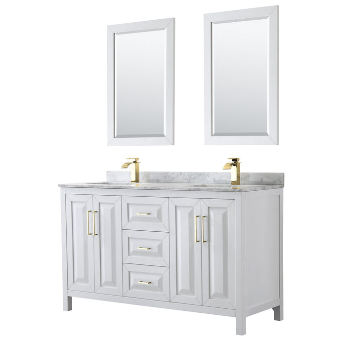 Wyndham Collection WCV252560DWGCMUNSM24 Daria 60 Inch Double Bathroom Vanity in White, White Carrara Marble Countertop, Undermount Square Sinks, 24 Inch Mirrors, Brushed Gold Trim