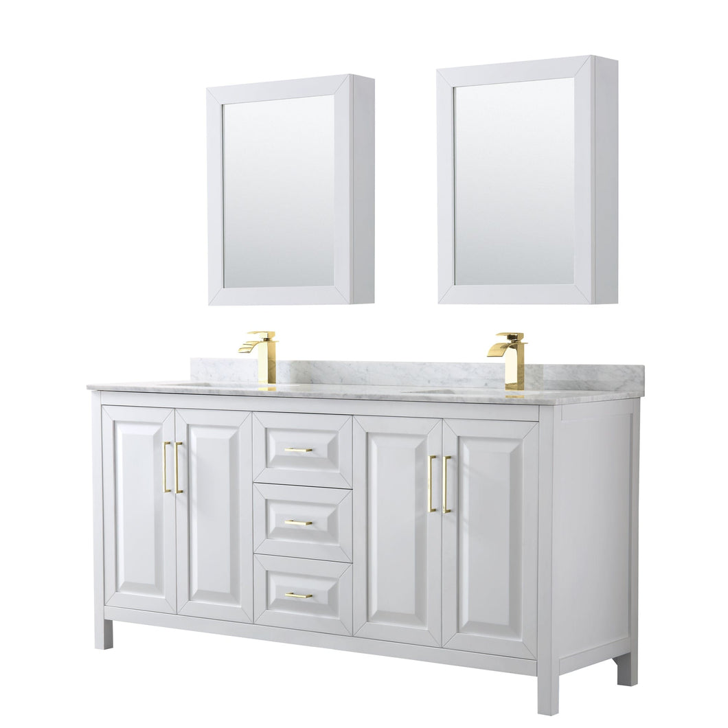 Wyndham Collection WCV252572DWGCMUNSMED Daria 72 Inch Double Bathroom Vanity in White, White Carrara Marble Countertop, Undermount Square Sinks, Medicine Cabinets, Brushed Gold Trim