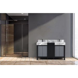 Lexora LZ342255SLISFBG Zilara 55" Black and Grey Double Vanity, Castle Grey Marble Tops, White Square Sinks, and Balzani Gun Metal Faucet Set