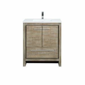 Lexora LLF30SKSOS000FRG Lafarre 30" Rustic Acacia Bathroom Vanity, White Quartz Top, White Square Sink, and Labaro Rose Gold Faucet Set