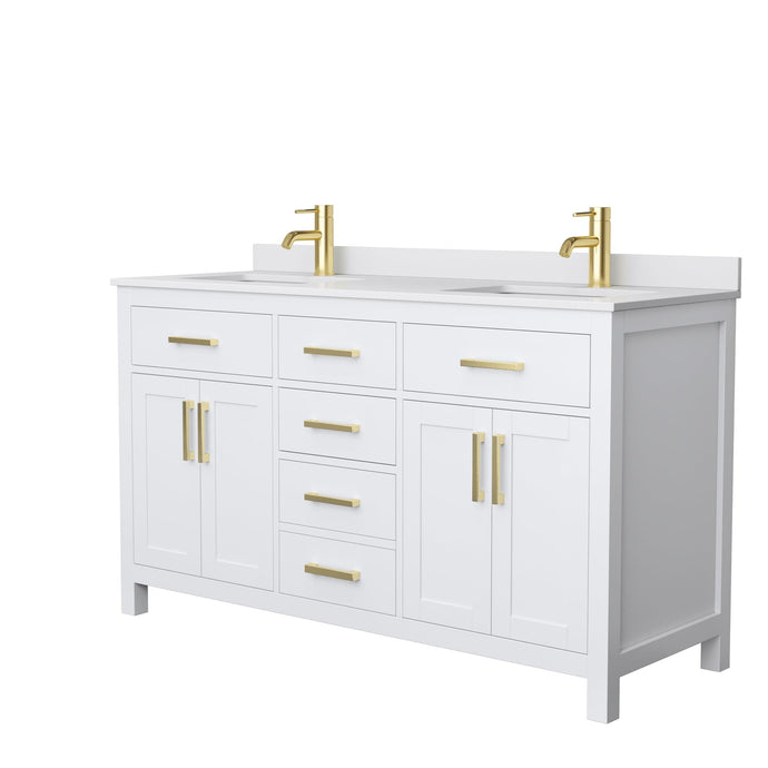 Wyndham Collection WCG242460DWGWCUNSMXX Beckett 60 Inch Double Bathroom Vanity in White, White Cultured Marble Countertop, Undermount Square Sinks, Brushed Gold Trim