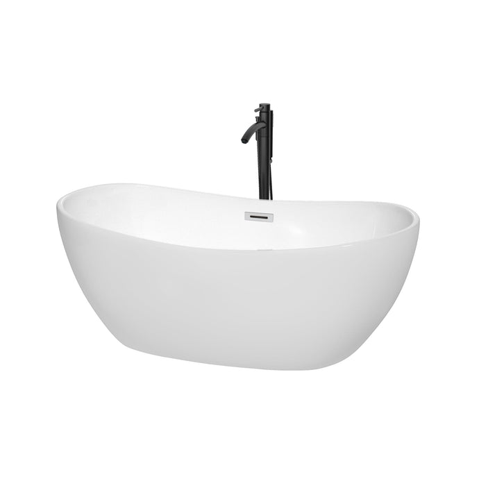 Wyndham Collection WCOBT101460PCATPBK Rebecca 60 Inch Freestanding Bathtub in White with Polished Chrome Trim and Floor Mounted Faucet in Matte Black