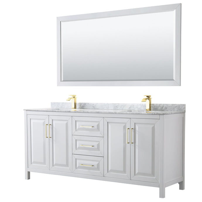 Wyndham Collection WCV252580DWGCMUNSM70 Daria 80 Inch Double Bathroom Vanity in White, White Carrara Marble Countertop, Undermount Square Sinks, 70 Inch Mirror, Brushed Gold Trim