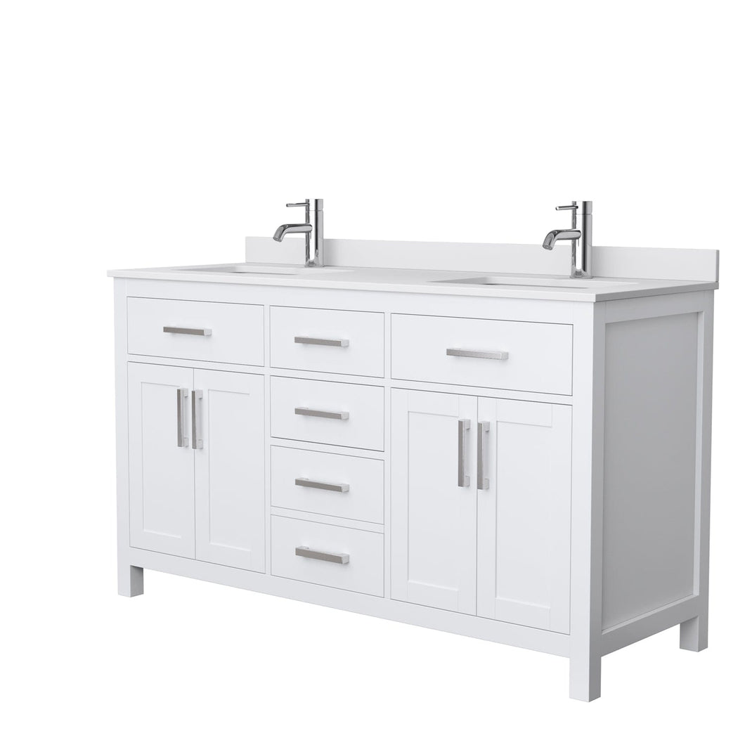 Wyndham Collection WCG242460DWHWCUNSMXX Beckett 60 Inch Double Bathroom Vanity in White, White Cultured Marble Countertop, Undermount Square Sinks, No Mirror