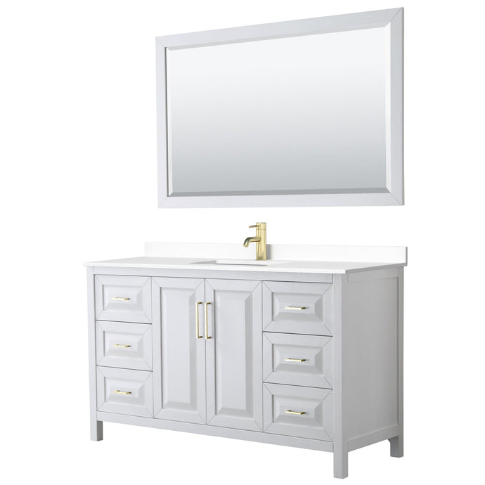 Wyndham Collection WCV252560SWGWCUNSM58 Daria 60 Inch Single Bathroom Vanity in White, White Cultured Marble Countertop, Undermount Square Sink, 58 Inch Mirror, Brushed Gold Trim