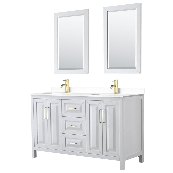 Wyndham Collection WCV252560DWGWCUNSM24 Daria 60 Inch Double Bathroom Vanity in White, White Cultured Marble Countertop, Undermount Square Sinks, 24 Inch Mirrors, Brushed Gold Trim