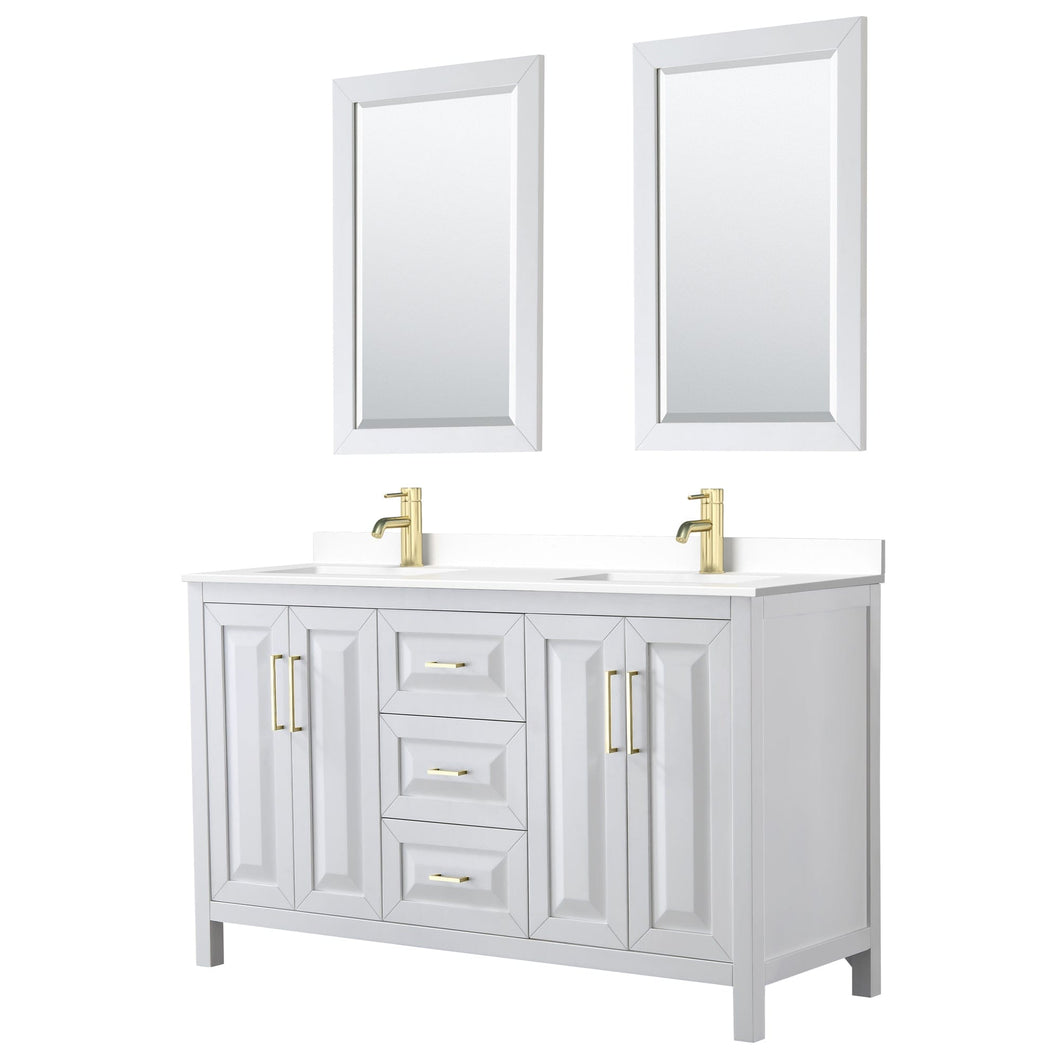 Wyndham Collection WCV252560DWGWCUNSM24 Daria 60 Inch Double Bathroom Vanity in White, White Cultured Marble Countertop, Undermount Square Sinks, 24 Inch Mirrors, Brushed Gold Trim