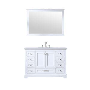 Lexora LD342248SAWQM46F Dukes 48" White Single Vanity, White Quartz Top, White Square Sink and 46" Mirror w/ Faucet