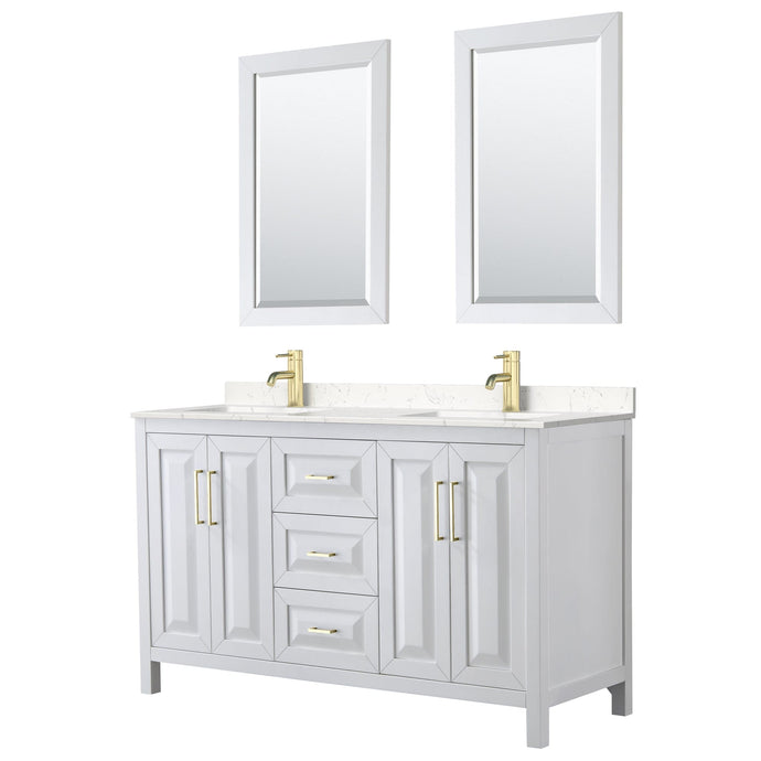 Wyndham Collection WCV252560DWGC2UNSM24 Daria 60 Inch Double Bathroom Vanity in White, Light-Vein Carrara Cultured Marble Countertop, Undermount Square Sinks, 24 Inch Mirrors, Brushed Gold Trim