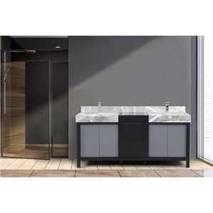 Lexora LZ342272DLISFMC Zilara 72" Black and Grey Double Vanity, Castle Grey Marble Tops, White Square Sinks, and Monte Chrome Faucet Set