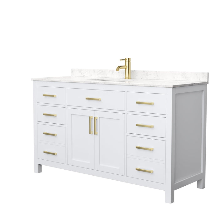 Wyndham Collection WCG242460SWGCCUNSMXX Beckett 60 Inch Single Bathroom Vanity in White, Carrara Cultured Marble Countertop, Undermount Square Sink, Brushed Gold Trim