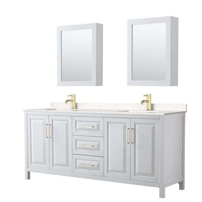 Wyndham Collection WCV252580DWGC2UNSMED Daria 80 Inch Double Bathroom Vanity in White, Light-Vein Carrara Cultured Marble Countertop, Undermount Square Sinks, Medicine Cabinets, Brushed Gold Trim