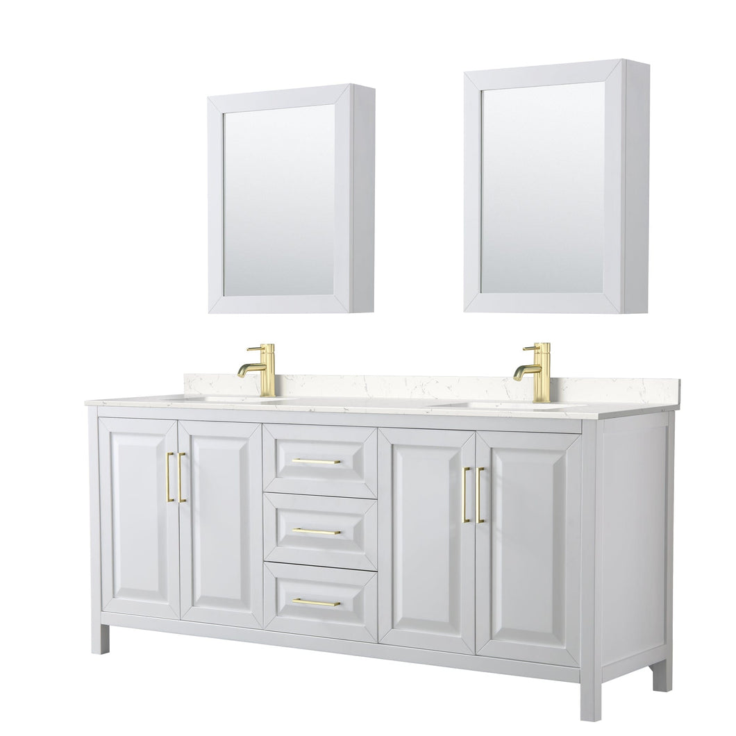 Wyndham Collection WCV252580DWGC2UNSMED Daria 80 Inch Double Bathroom Vanity in White, Light-Vein Carrara Cultured Marble Countertop, Undermount Square Sinks, Medicine Cabinets, Brushed Gold Trim