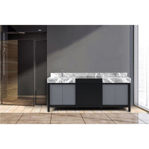 Lexora LZ342284DLISFMC Zilara 84" Black and Grey Double Vanity, Castle Grey Marble Tops, White Square Sinks, and Monte Chrome Faucet Set