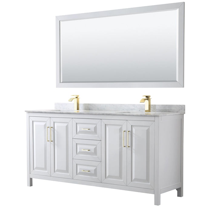 Wyndham Collection WCV252572DWGCMUNSM70 Daria 72 Inch Double Bathroom Vanity in White, White Carrara Marble Countertop, Undermount Square Sinks, 70 Inch Mirror, Brushed Gold Trim