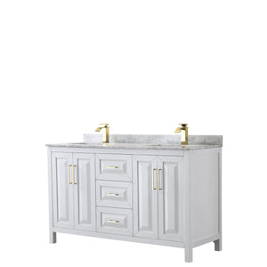 Wyndham Collection WCV252560DWGCMUNSMXX Daria 60 Inch Double Bathroom Vanity in White, White Carrara Marble Countertop, Undermount Square Sinks, Brushed Gold Trim