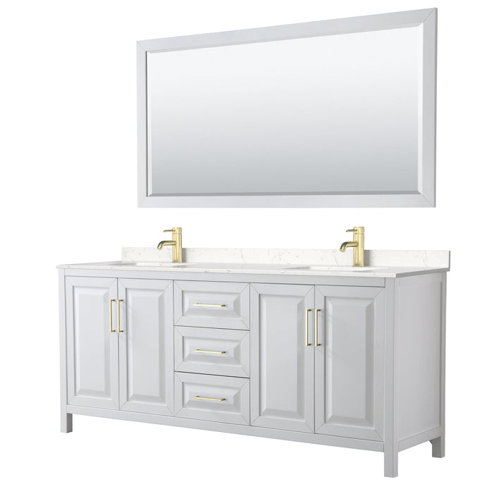 Wyndham Collection WCV252580DWGC2UNSM70 Daria 80 Inch Double Bathroom Vanity in White, Light-Vein Carrara Cultured Marble Countertop, Undermount Square Sinks, 70 Inch Mirror, Brushed Gold Trim
