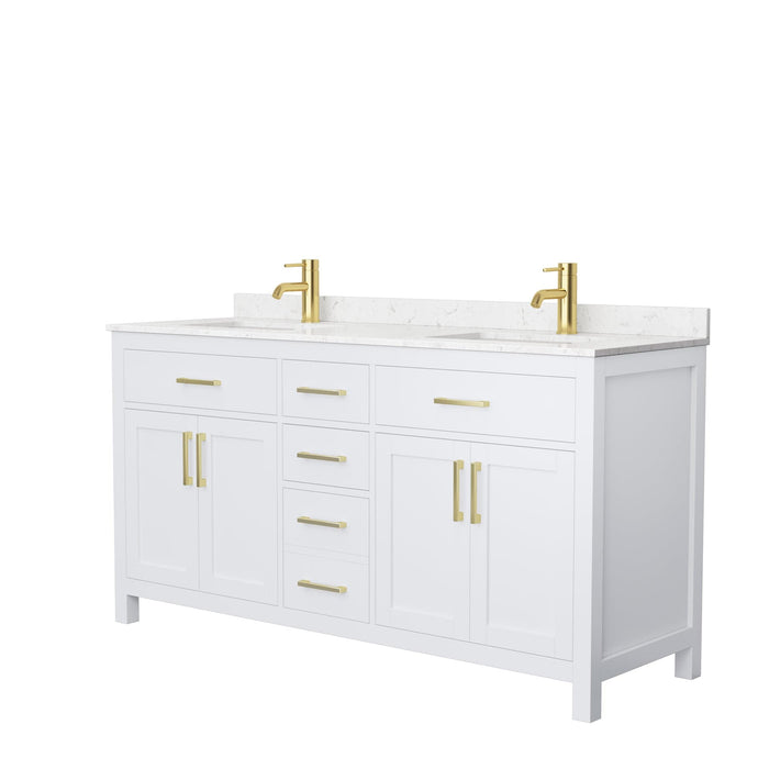 Wyndham Collection WCG242466DWGCCUNSMXX Beckett 66 Inch Double Bathroom Vanity in White, Carrara Cultured Marble Countertop, Undermount Square Sinks, Brushed Gold Trim