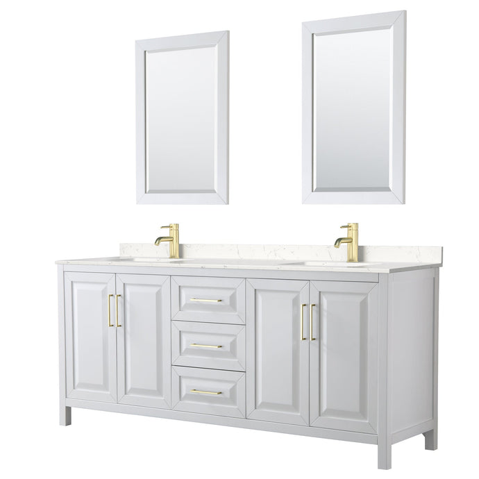 Wyndham Collection WCV252580DWGC2UNSM24 Daria 80 Inch Double Bathroom Vanity in White, Light-Vein Carrara Cultured Marble Countertop, Undermount Square Sinks, 24 Inch Mirrors, Brushed Gold Trim