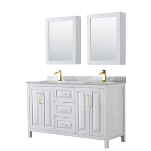 Wyndham Collection WCV252560DWGCMUNSMED Daria 60 Inch Double Bathroom Vanity in White, White Carrara Marble Countertop, Undermount Square Sinks, Medicine Cabinets, Brushed Gold Trim