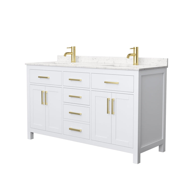 Wyndham Collection WCG242460DWGCCUNSMXX Beckett 60 Inch Double Bathroom Vanity in White, Carrara Cultured Marble Countertop, Undermount Square Sinks, Brushed Gold Trim