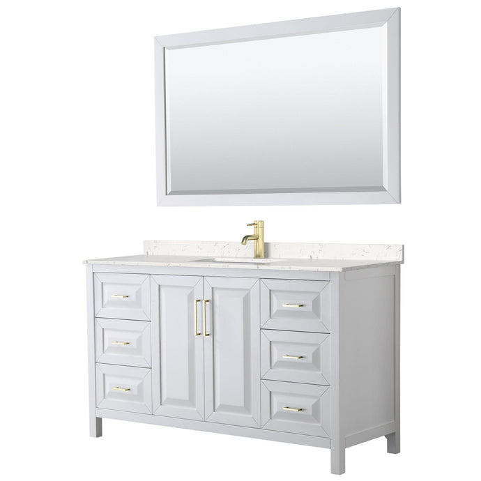 Wyndham Collection WCV252560SWGC2UNSM58 Daria 60 Inch Single Bathroom Vanity in White, Light-Vein Carrara Cultured Marble Countertop, Undermount Square Sink, 58 Inch Mirror, Brushed Gold Trim