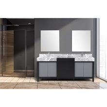 Load image into Gallery viewer, Lexora LZ342280DLISM30FMC Zilara 80&quot; Black and Grey Double Vanity, Castle Grey Marble Tops, White Square Sinks, Monte Chrome Faucet Set, and 30&quot; Frameless Mirrors