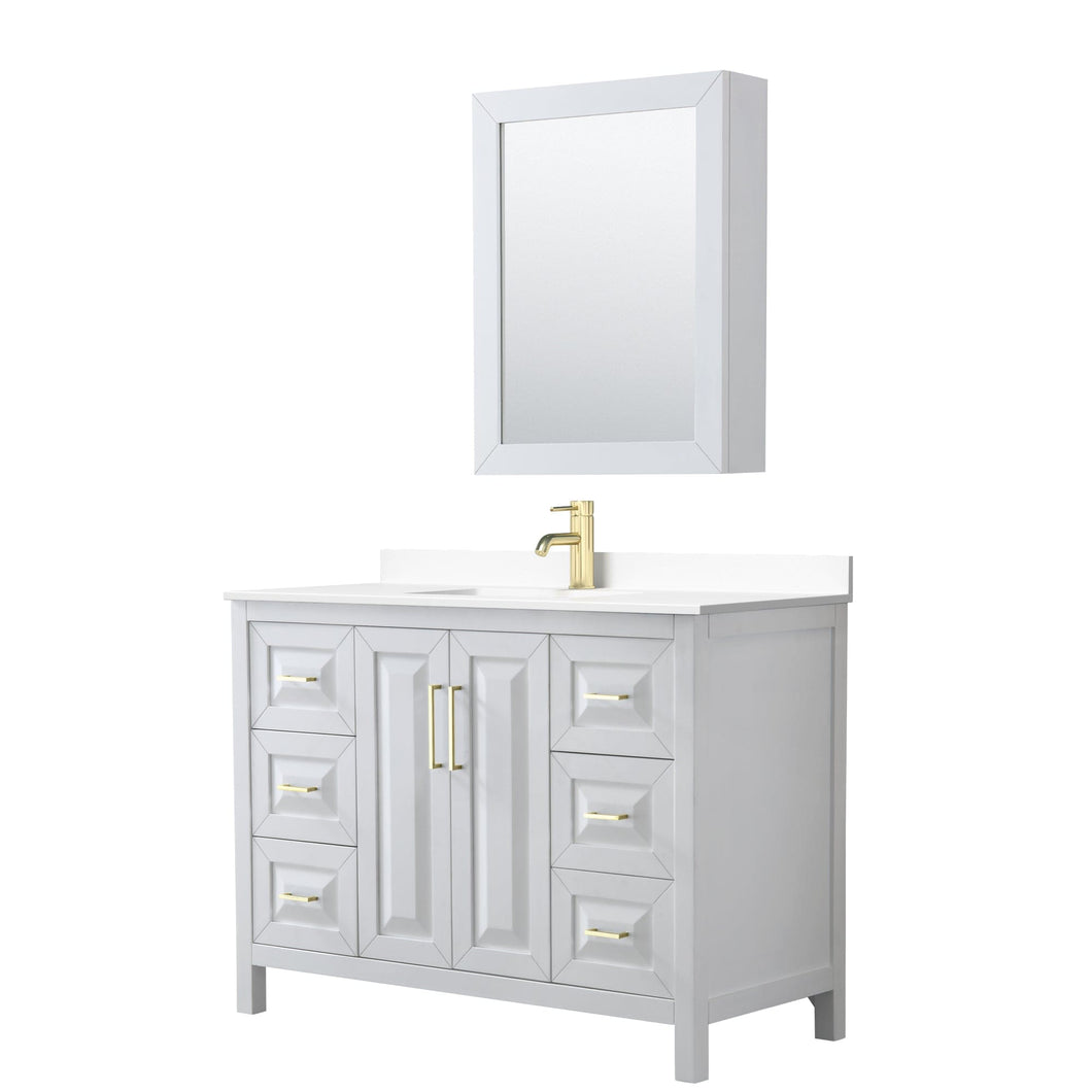 Wyndham Collection WCV252548SWGWCUNSMED Daria 48 Inch Single Bathroom Vanity in White, White Cultured Marble Countertop, Undermount Square Sink, Medicine Cabinet, Brushed Gold Trim