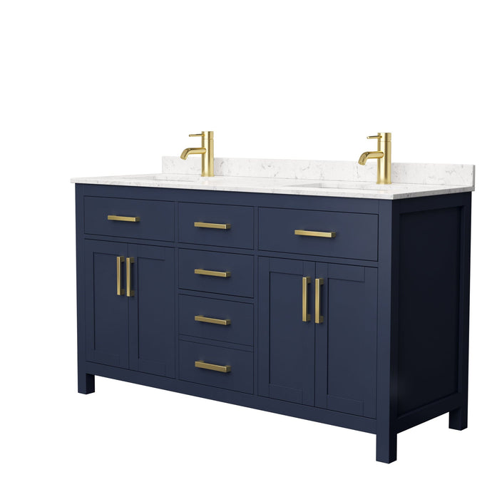 Wyndham Collection WCG242460DBLCCUNSMXX Beckett 60 Inch Double Bathroom Vanity in Dark Blue, Carrara Cultured Marble Countertop, Undermount Square Sinks, No Mirror