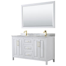 Load image into Gallery viewer, Wyndham Collection WCV252560DWGCMUNSM58 Daria 60 Inch Double Bathroom Vanity in White, White Carrara Marble Countertop, Undermount Square Sinks, 58 Inch Mirror, Brushed Gold Trim