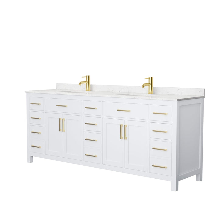 Wyndham Collection WCG242484DWGCCUNSMXX Beckett 84 Inch Double Bathroom Vanity in White, Carrara Cultured Marble Countertop, Undermount Square Sinks, Brushed Gold Trim