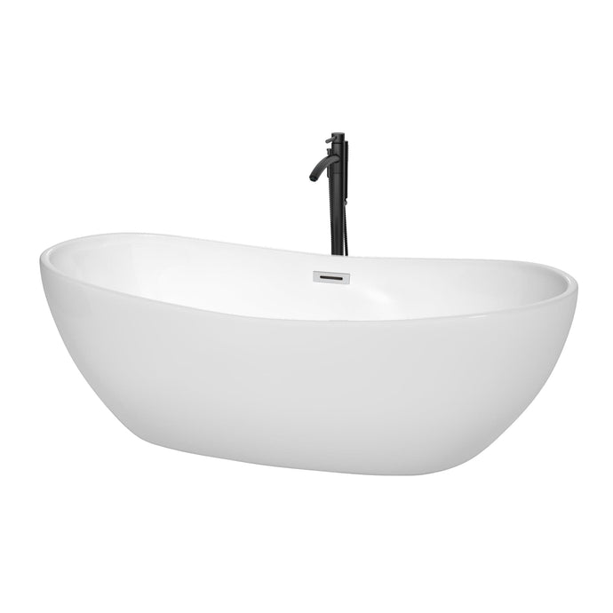 Wyndham Collection WCOBT101470PCATPBK Rebecca 70 Inch Freestanding Bathtub in White with Polished Chrome Trim and Floor Mounted Faucet in Matte Black