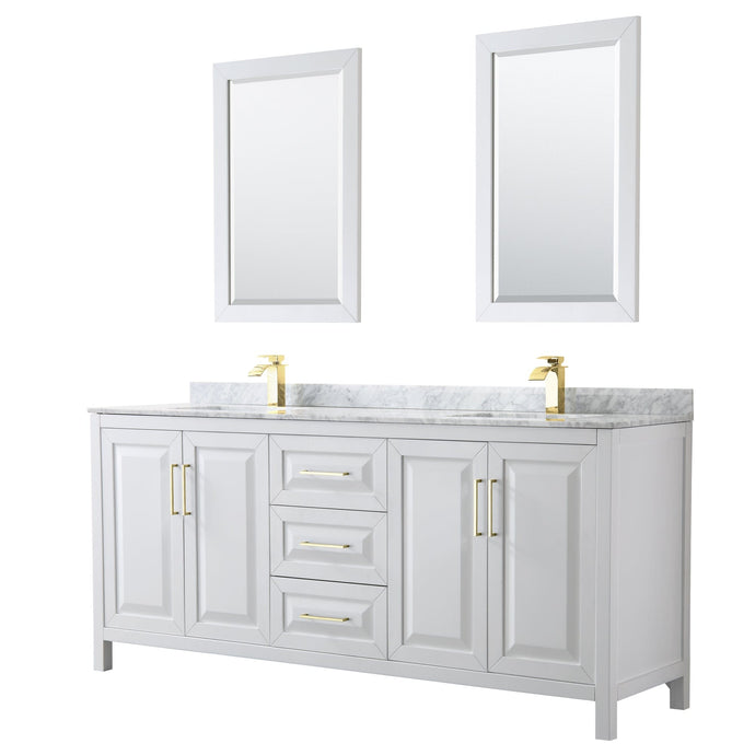 Wyndham Collection WCV252580DWGCMUNSM24 Daria 80 Inch Double Bathroom Vanity in White, White Carrara Marble Countertop, Undermount Square Sinks, 24 Inch Mirrors, Brushed Gold Trim