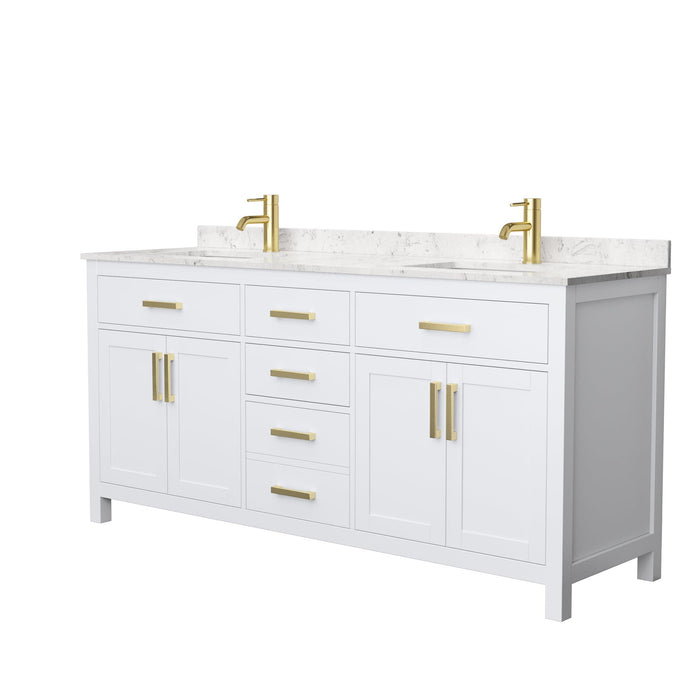 Wyndham Collection WCG242472DWGCCUNSMXX Beckett 72 Inch Double Bathroom Vanity in White, Carrara Cultured Marble Countertop, Undermount Square Sinks, Brushed Gold Trim