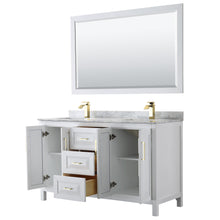 Load image into Gallery viewer, Wyndham Collection WCV252560DWGCMUNSM58 Daria 60 Inch Double Bathroom Vanity in White, White Carrara Marble Countertop, Undermount Square Sinks, 58 Inch Mirror, Brushed Gold Trim