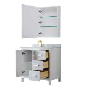 Wyndham Collection WCV252536SWGCMUNSMED Daria 36 Inch Single Bathroom Vanity in White, White Carrara Marble Countertop, Undermount Square Sink, Medicine Cabinet, Brushed Gold Trim