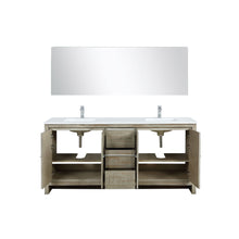 Load image into Gallery viewer, Lexora LLF72DKSODM70FCH Lafarre 72&quot; Rustic Acacia Double Bathroom Vanity, White Quartz Top, White Square Sinks, Monte Chrome Faucet Set, and 70&quot; Frameless Mirror