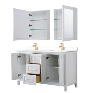 Wyndham Collection WCV252560DWGWCUNSMED Daria 60 Inch Double Bathroom Vanity in White, White Cultured Marble Countertop, Undermount Square Sinks, Medicine Cabinets, Brushed Gold Trim