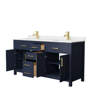 Wyndham Collection WCG242466DBLCCUNSMXX Beckett 66 Inch Double Bathroom Vanity in Dark Blue, Carrara Cultured Marble Countertop, Undermount Square Sinks, No Mirror