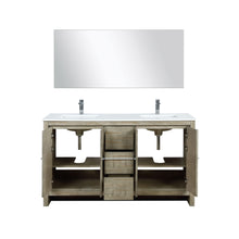 Load image into Gallery viewer, Lexora LLF60DKSODM55FRG Lafarre 60&quot; Rustic Acacia Double Bathroom Vanity, White Quartz Top,White Square Sinks, Labaro Rose Gold Faucet Set, and 55&quot; Frameless Mirror