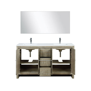 Lexora LLF60DKSODM55FRG Lafarre 60" Rustic Acacia Double Bathroom Vanity, White Quartz Top,White Square Sinks, Labaro Rose Gold Faucet Set, and 55" Frameless Mirror