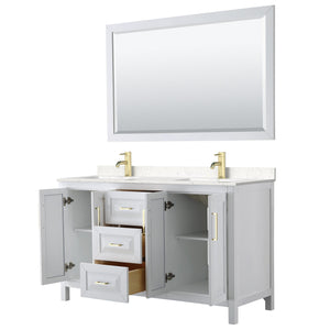 Wyndham Collection WCV252560DWGC2UNSM58 Daria 60 Inch Double Bathroom Vanity in White, Light-Vein Carrara Cultured Marble Countertop, Undermount Square Sinks, 58 Inch Mirror, Brushed Gold Trim